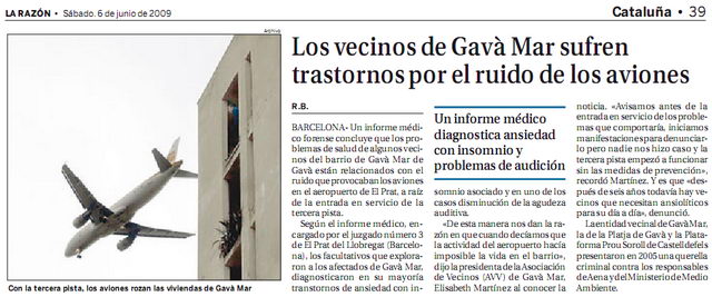 Noticia publicada en el diario LA RAZN sobre el informe medicoforense encargado por el Juzgado 3 del Prat que concluye que la puesta en servicio de la tercera pista provoc graves problemas de salud a los vecinos de Gav Mar (6 Junio 2009)